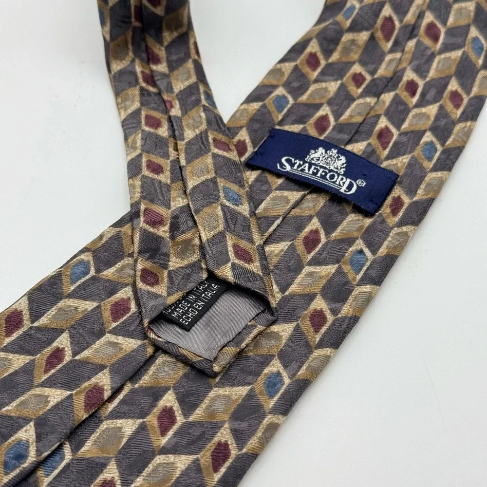 Stafford Mens Silk Tie Geometric Diamond‎ Pattern Grey Gold Made in Italy